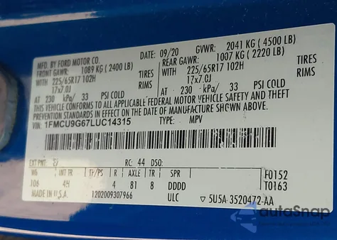 2020 Ford Escape Se from USA, damaged, VIN 1FMCU9G67LUC14315
